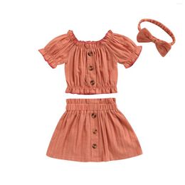 Clothing Sets 3Pcs Baby Girls Skirt Set Solid Colour Boat-Neck Short Sleeve Tops Elastic Waist Headband For Toddlers 3-24 Months