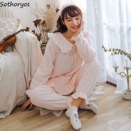 Women's Sleep Lounge Pajama Sets Women Plus Velvet Thicker Warm Princess Style Sweet Coral Fleece Sleepwear Loose Pyjamas Leisure Comfortable Chic T221017