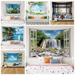 Tapestries Window Forest Nature Landscape Tapestry Mountain Water Beach Scenes Wall Hanging Blanket Mandala Bohemian Home Decor