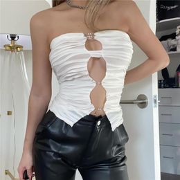 Women's Tanks Sexy Women Summer Tube Tops Chain Connected Pleated Hollow Chest Off Shoulder Shirt For Female Club Street Style White S M L