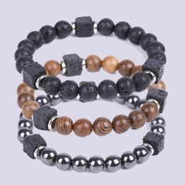 Strand Natural Stone Bracelet For Men Rock Square Black Lava Charm Wood Wooden Steel Beads Stretch Hematite Bracelets Energy Healing