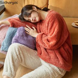 Women's Sleep Lounge Women Pyjama Sets Solid Casual Flannel Coral Fleece Winter Warm Homewear Loungewear Two Piece Long Sleeve Soft Cosy Night Suit T221017