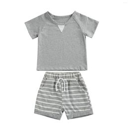 Clothing Sets 2 Pcs Infant Casual Outfits Baby Boys Color Block Short Sleeve Round Neck T-shirt Striped Shorts With Drawstring Pocket 6M-5T