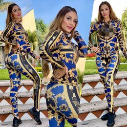 Zipper Zwei -teilige Hosen Frauen Outfits Mode gedruckte Reißverschlussjacke und Jogginghosen Sets tragen kostenlos Schiff