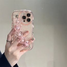 3D-Hüllen Love Heart Wrist Chian Wavy Transparent Soft Phone Case für iPhone 14 12 13 Pro Max 11 X S XR XS Süße klare stoßfeste Abdeckung