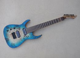 Left Hand 7 Strings Transparent Blue Electric Guitar with Burl Maple Veneer Rosewood Fretboard