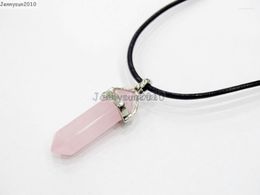 Pendant Necklaces Natural Rose Quart-z Gems Stone Hexagonal Pointed Healing Reiki Chakra Black Leather Cord Necklace 18''lnch 5