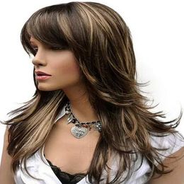 Women's Wig Long Straight Layered Brown with Blonde Highlights Synthetic Full WIG