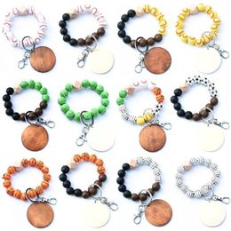 Stylish Wooden Beaded Bracelet Keychain Pendant Party Favor Sports Ball Soccer Baseball Basketball Bangle Wristlet With Metal Key Ring BBB16