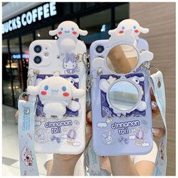 3D Cute Cartoon Mirror Bracket Lanyard Phone Cases For iPhone 14 Pro Max Plus iPhone14 13 12 11 Mini X XS XR Decoration Holder Multifunctional TPU Soft Black Cover