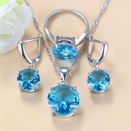 Necklace Earrings Set Bridal 925 Mark Round Moroccan With Natural Stone Blue CZ And For Women Trendy Costume
