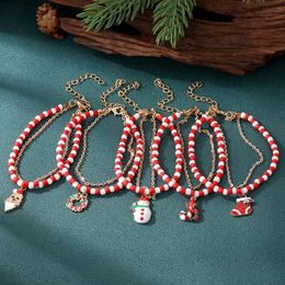 Red White Beads Metal Chain Bracelet for Women Men Cute Santa Claus Snowman Sock Bracelets Set Christmas Gift Jewelry