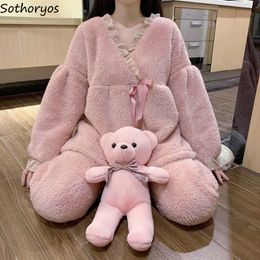 Women's Sleep Lounge Pink V-neck Winter Pyjama Sets Women Loose Lace Flannel Elegant Stylish Cosy Thick Plush Nightwear Windproof Soft Thermal Cute T221017