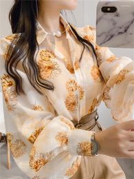 Women's Blouses 2022 Flower Print Lantern Sleeve Casual Open Stitch Shirts Summer Women Clothing Button Chiffon Turndown Collar Tops Tshirts