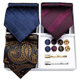 Bow Ties Men's Fashion Blue Red Black Striped Paisley Silk Tie Set Handkerchief Cufflinks Clip 3 Pack Men Gift DiBanGu