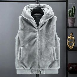 Men's Vests Hooded Faux Fur Vest Jacket Men Autumn Winter Zipper Plush Cardigan Imitation Mink Fleece Waistcoat Pocket Sleeveless Gilet