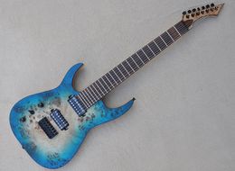 Left Hand 7 Strings Blue Electric Guitar with Burl Maple Veneer Rosewood Fretboard 24 Frets