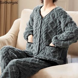 Women's Sleep Lounge Warm Thick Flannel Jacquard Pyjama Sets Women V-neck Single Breasted Winter Fluffy Nighty Female Tender Patchwork High Quality T221017