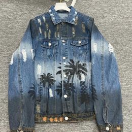 Am designer denims jacket coconut tree rendering damage denim coat men's button long sleeve shirt