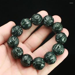 Strand Natural Dark Green Stone Bracelet Chinese Hand-Carved Walnuts Hand String Bangles Men's Fashion Jewellery