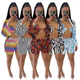 Women's Tracksuits Sexy Three Piece Set Women Fall Clothes Party Club Outfits Print Long Sleeve Pleated Cardigan Bra Shorts Matching