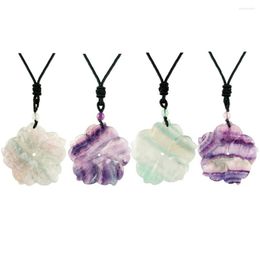 Pendant Necklaces TUMBEELLUWA Healing Natural Crystal Stone Hand Carved Flower Stereo Shape Black Rope Chain Necklace Jewellery For Women