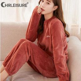 Women's Sleep Lounge Autumn Winter Warm Fleece Pyjamas Sets Solid Casual Coral Sleepwear Top and Pants 2 Piece Set Homesuit Lounge Wear T221017