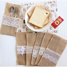 Burlap Cutlery Holder Vintage Shabby Chic Jute Lace Tableware Pouch Packaging Fork & Knife Pocket Home Textiles RRE15110