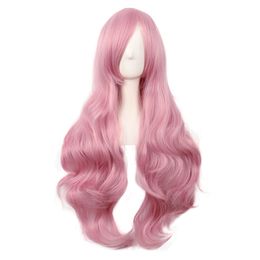 Charming female long hair anime cos fashion fluffy big wave curly hair pink oblique bangs high temperature silk wig