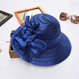 Berets Satin Flower Women Fedora Cap For Party Wide Brim Fascinator Hat Ladies Elegant Travel Summer Beach Sun Hats