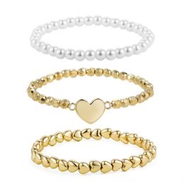 3pcs/set Gold Color Smooth Round Heart Beaded Bracelet Set for Women Imitation Pearl Charm Bracelets Bangles Jewelry