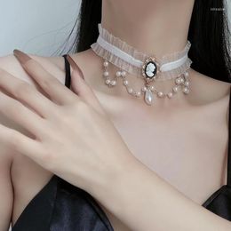 Choker Black White Lace Chokers Necklace For Women Korean Fashion Vintage Charm Water Drop Imitation Pearl Aesthetic Jewellery