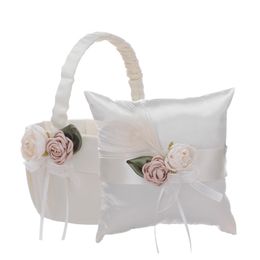 White Wedding Flower Basket Ring Pillow Set with Silk Rose Bride Girl Baskets H-5778b