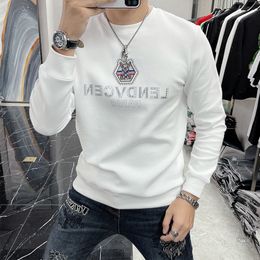 Men's Slim Hoodies Rabbit Print Hot Diamond Male Sweatershirts Casual Round Neck White Pullover Autumn Winter New Man Clothing M-5XL