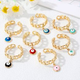 Fashion Turkish Evil Eye Adjustable Open Rings Vintage Gold Color Wide Chain Link Finger Rings For Women Trend Jewelry Party Gift