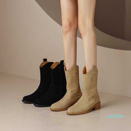 Frosted Western Denim Boots Women's Autumn and Winter Short Boots British style V-mouth Mid tube Martin Boots