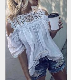 Women's Blouses Cold Shoulder Short Sleeve Hollow Lace Patchwork White Cloth Womens Tops And Fashion Woman 2022