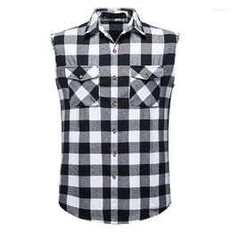 Button Down Casual Hip Hop Vest Summer Lattice Tank Tops with Pockets Men's Sleeveless Shirt Plaid Flannel Shirts 