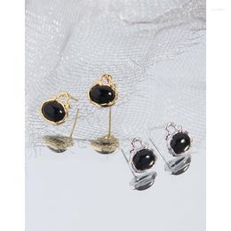Hoop Earrings MLKENLY Creative Design Cute Bag Shape Black Onyx Stud Sterling Silver S925 Women's Fashion Jewellery
