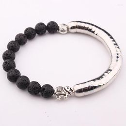 Strand Stainless Steel Connect Black Lava Stone Round Beads Elephant Bracelet White Turquoises Fashion Jewellery