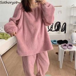 Women's Sleep Lounge Pajama Sets Women Solid Casual Soft Sleepwear O-neck Loose Winter Thickening Flannel Home Lounge Wear New Korean Style Nightwear T221017