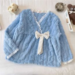 Women's Sleep Lounge Winter Pyjama Sets Women Warm Ins Cosy Fashion Sleepwear V-neck Dent Lovely Preppy Style Korean Bow Sweet