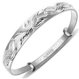 925 Stamp Silver Lotus Bracelet Bangle For Women Wedding Fashion Cuff Jewellery