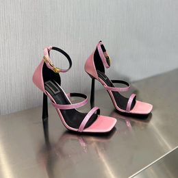 luxury Sandals Designers Shoes Party Heeled Pink Satin Encrusted Strap Spool Heels Summer Luxury 95Mm Rhinestone With Box