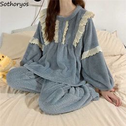 Women's Sleep Lounge Women Pyjama Sets O-neck Patchwork Lace Ruffles Leisure Fashion Soft Plus Velvet Thicker Sweet Coral Fleece Design Homewear Warm T221017