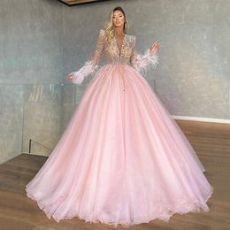 Light Pink Beaded Prom Dresses Deep V Neckline Evening Gowns Sequined Feathers Long Sleeves Sweep Train Tulle Formal Dress