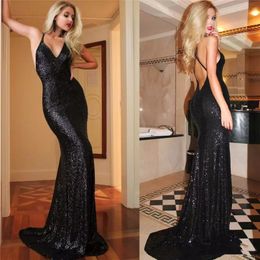 Sexy Backless Black Mermaid Prom Dresses Shines Sequined V-Neck Charming Evening Clumb Pageant Gowns Special Occasion Party Wear Sparkly Long Bridesmaid Dress 2023