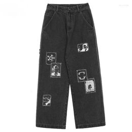 Men's Jeans Men's Vintage Embroidery Men Hip Hop Punk Cartoon Printed Loose Denim Pant Mens Harajuku Streetwear Straight Wide Leg