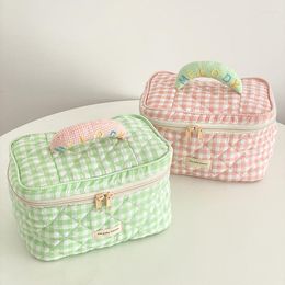 Storage Bags Korean Style Women Travel Large Capacity Portable Plaid Makeup Cute Beauty Cosmetic Bag Lunch Box