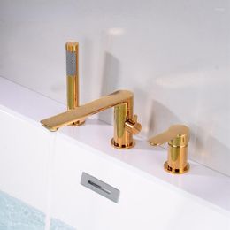 Bathroom Shower Sets Luxury Brass Gold Deck-Mounted 3-Hole Bath Tub Rotating Faucet Mixer Bathtub Basin Water Tap With Spray BF1034